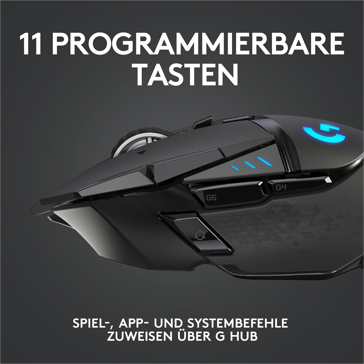 Schwarze Gaming-Maus mit Text: 11 programmierbare Tasten. App- und Systembefehle.