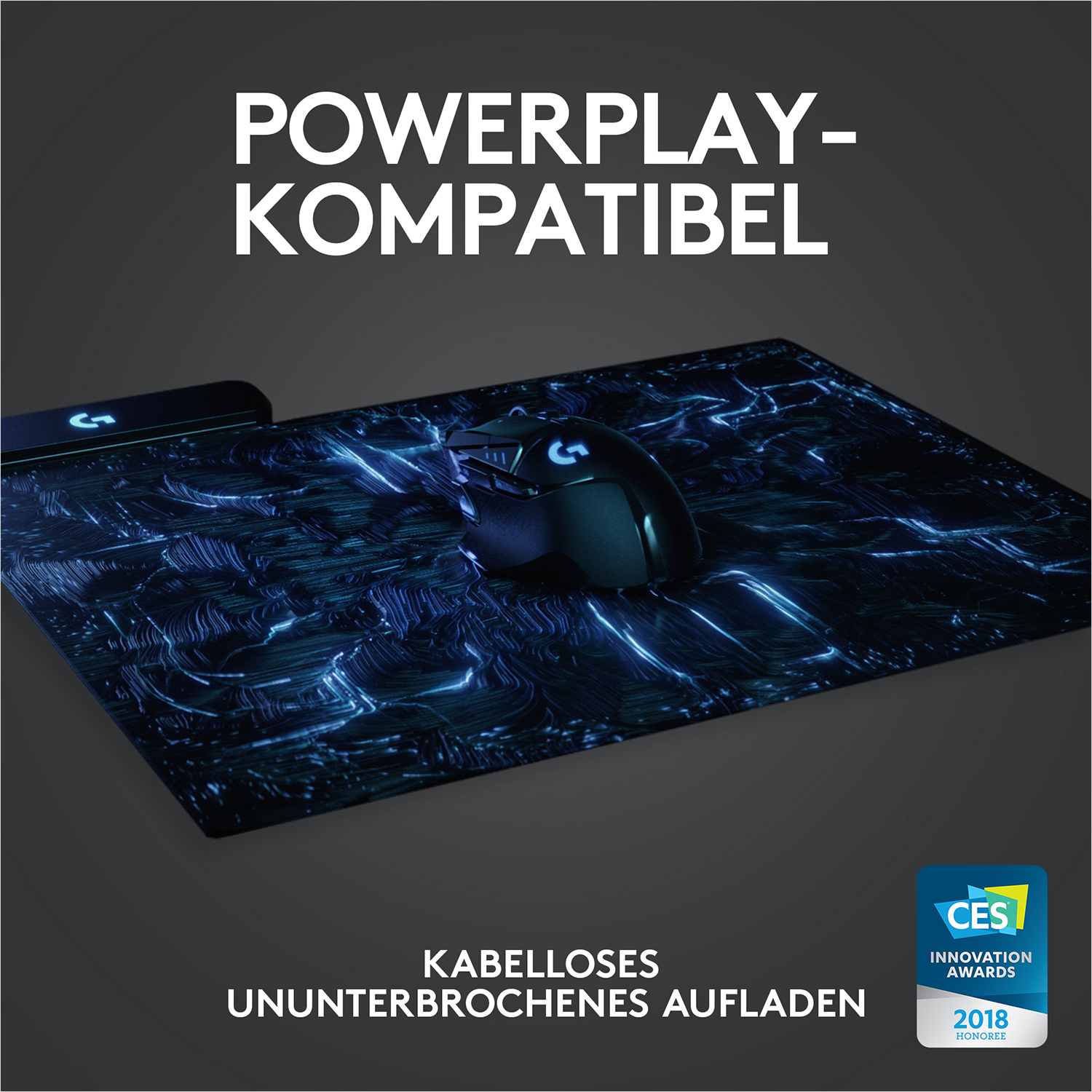 Gaming-Maus auf einem blau gemusterten Mauspad, mit Text und dem CES 2018-Logo.