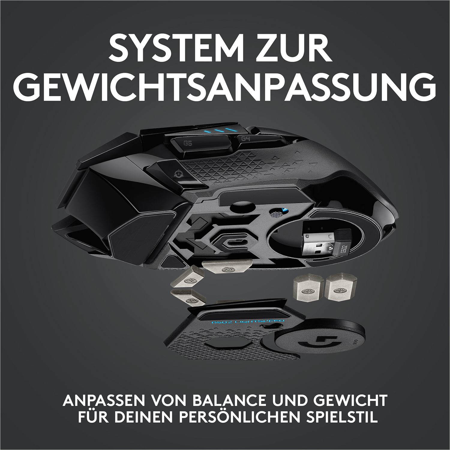 Schwarze Gaming-Maus mit abnehmbaren Gewichten, Zubehör und Produkttext: System zur Gewichts...Balance.