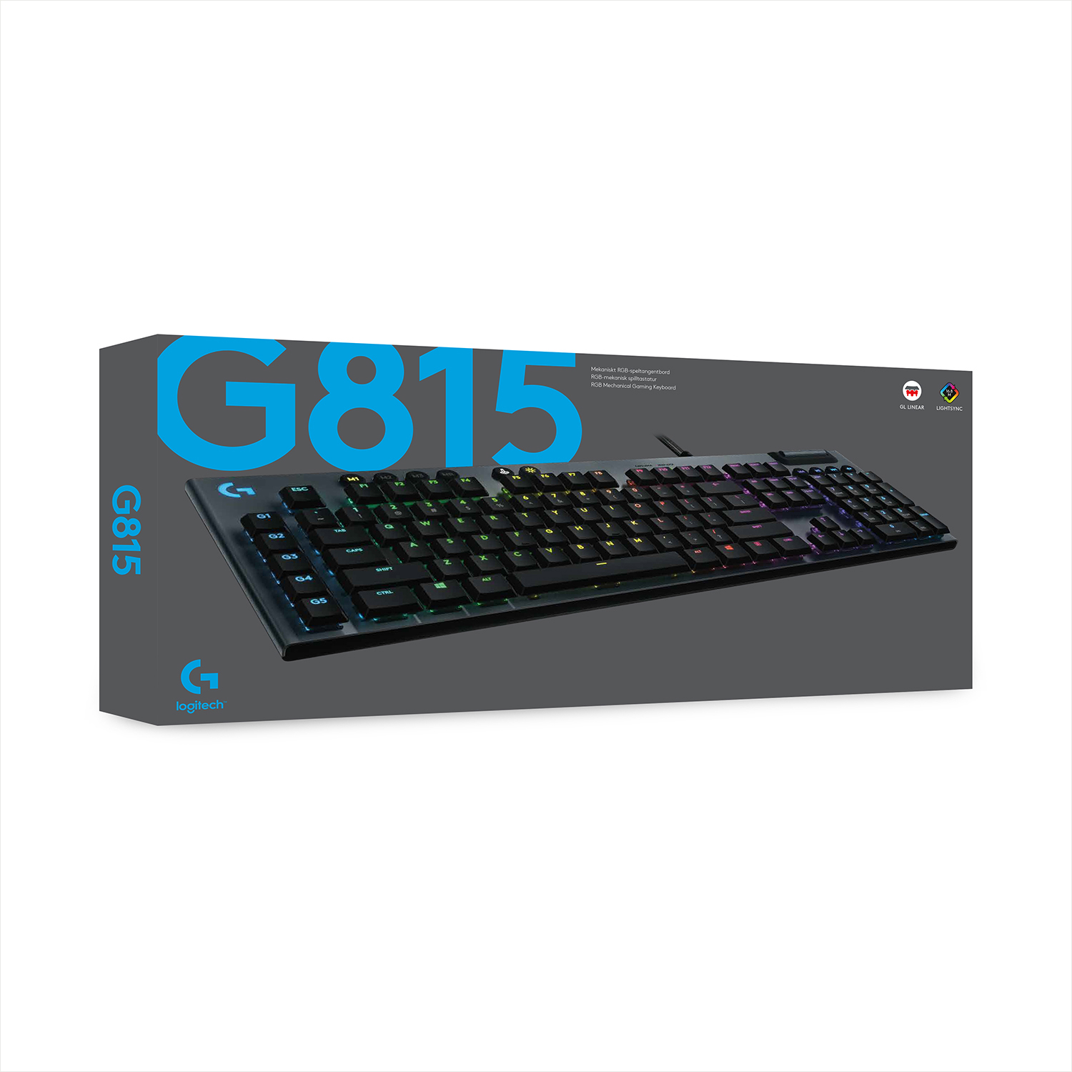 Tastaturbox mit schwarzer Tastatur. Die Box ist schwarz und grau mit blauen und weißen Texten.