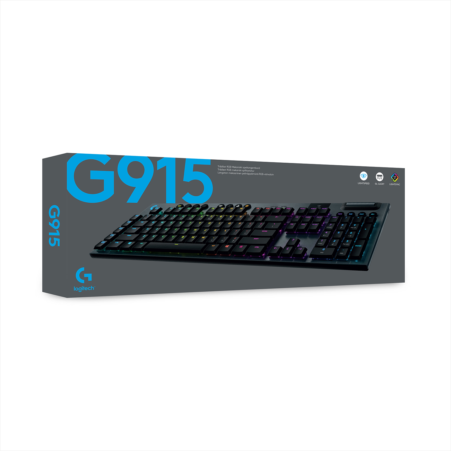 Tastatur in einer Box. Es hat eine schwarze Tastatur mit bunten Tasten. Auf der Box steht G915 und Logitech.