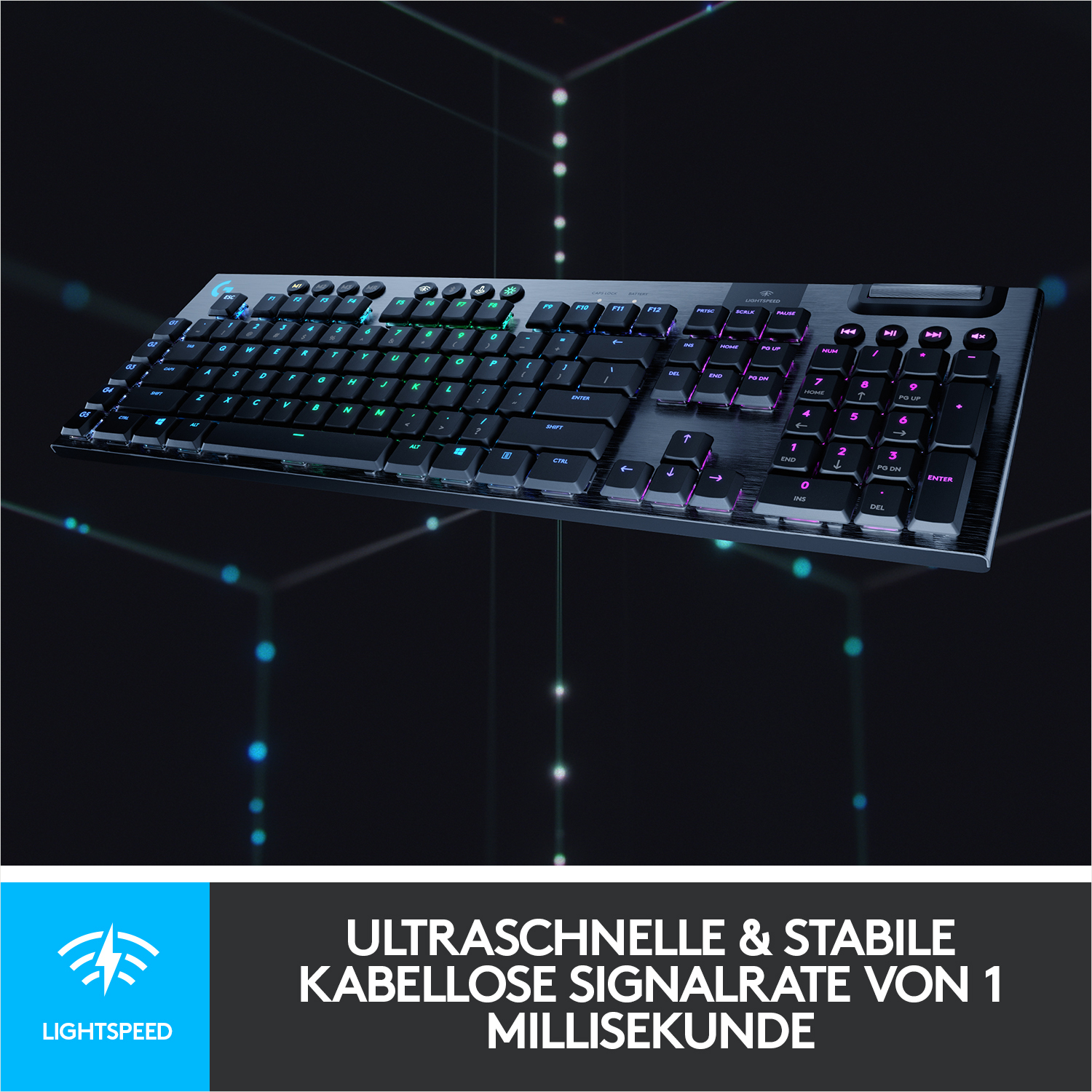 Schwarze Tastatur mit farbigen Tasten und Lightspeed-Logo links unten.