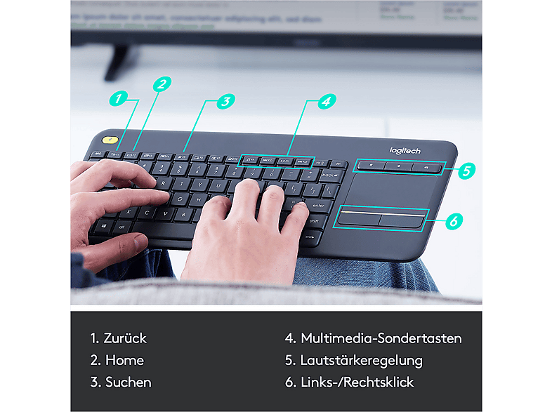 LOGITECH LOGITECH K400 Kabellose Tastatur mit Touchfeld- Bedienung, DEU (Qwertz), Schwarz — Foto 2 von 5