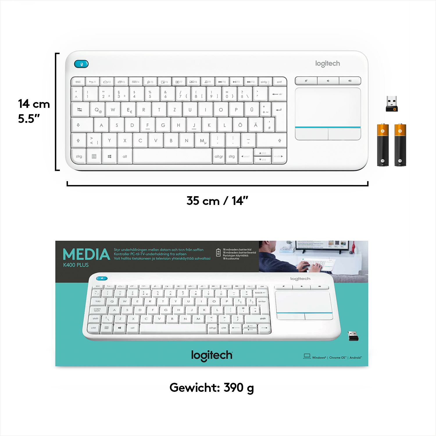 Weiße Tastatur mit Touchpad und Abmessungen, Batterien und USB-Empfänger.