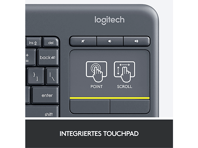 LOGITECH LOGITECH K400 Kabellose Tastatur mit Touchfeld- Bedienung, DEU (Qwertz), Schwarz — Foto 4 von 5