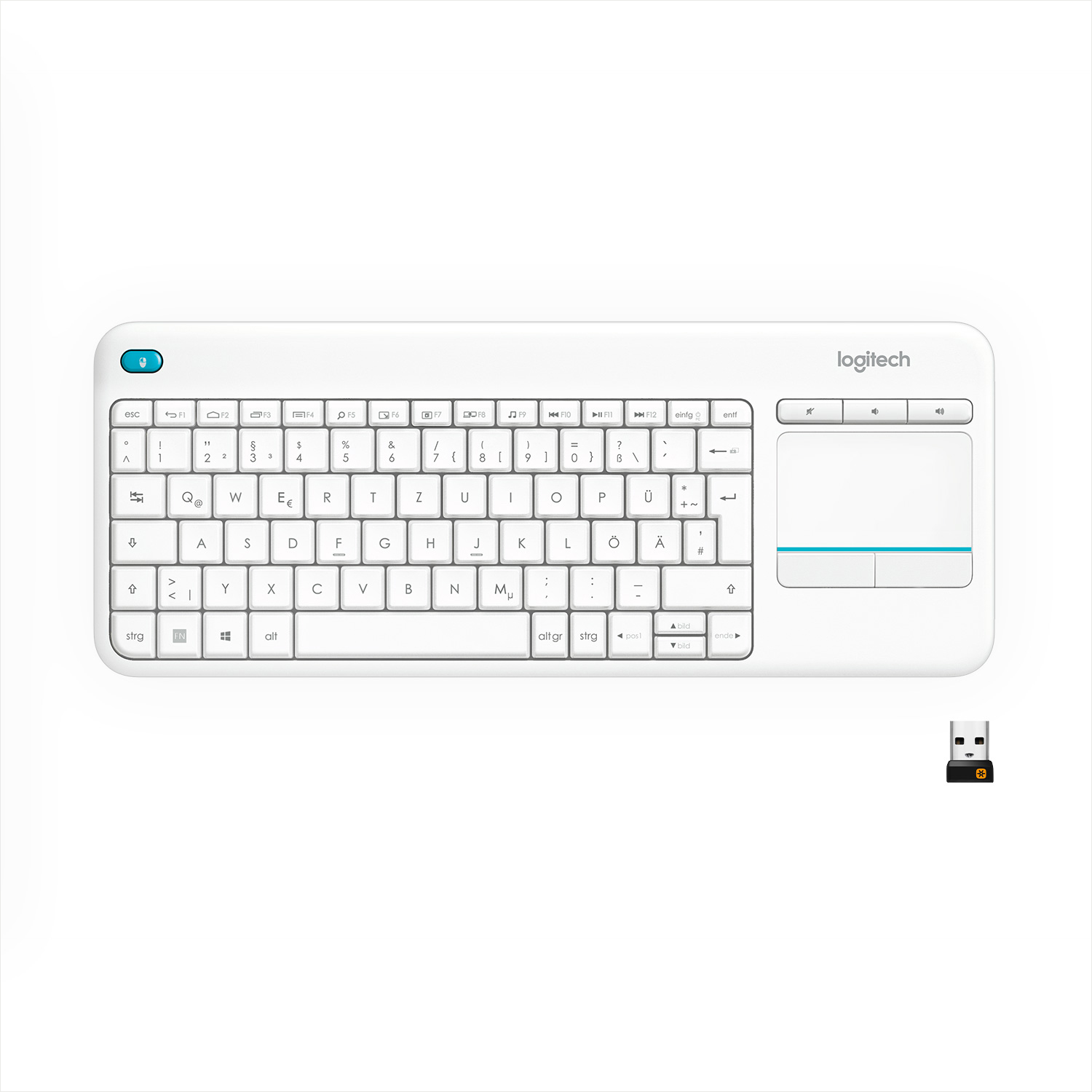Weisse Logitech-Tastatur mit Touchpad. Neben der Tastatur befindet sich ein USB-Empfänger.