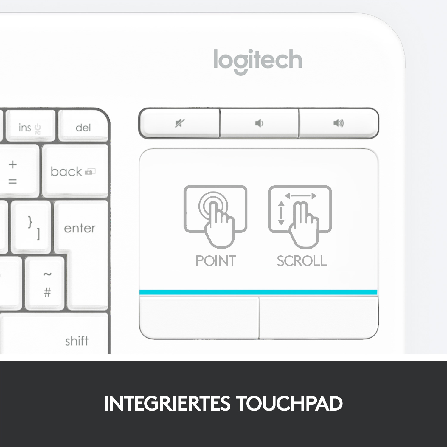 Weiße Logitech-Tastatur mit Touchpad. Auf dem Touchpad befinden sich Punkt- und Scrollsymbole.