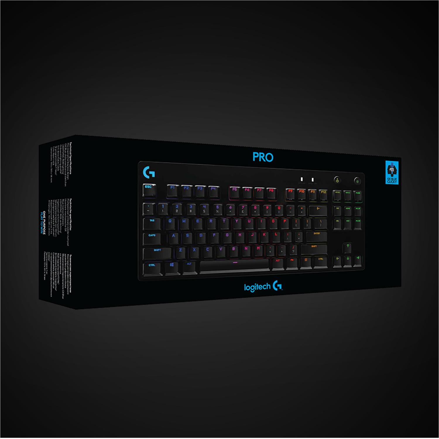 Schwarze Tastatur in einer schwarzen Box mit blauem „PRO“-Etikett, farbenfrohen Tasten und dem Logitech-Logo.