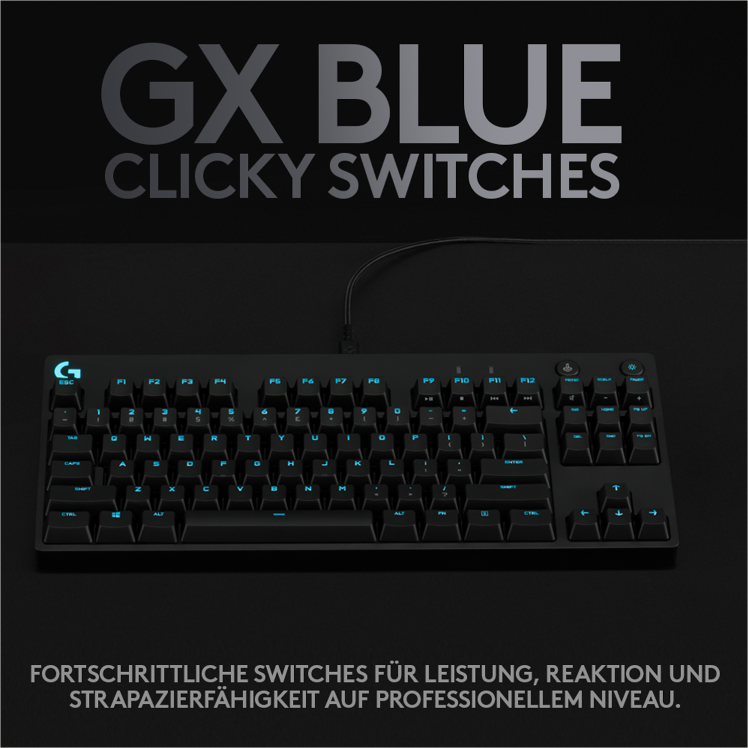 Eine schwarze und blaue Tastatur mit blau beleuchteten Tasten, mit dem Text 'GX BLUE CLICKY SWITCHES'.