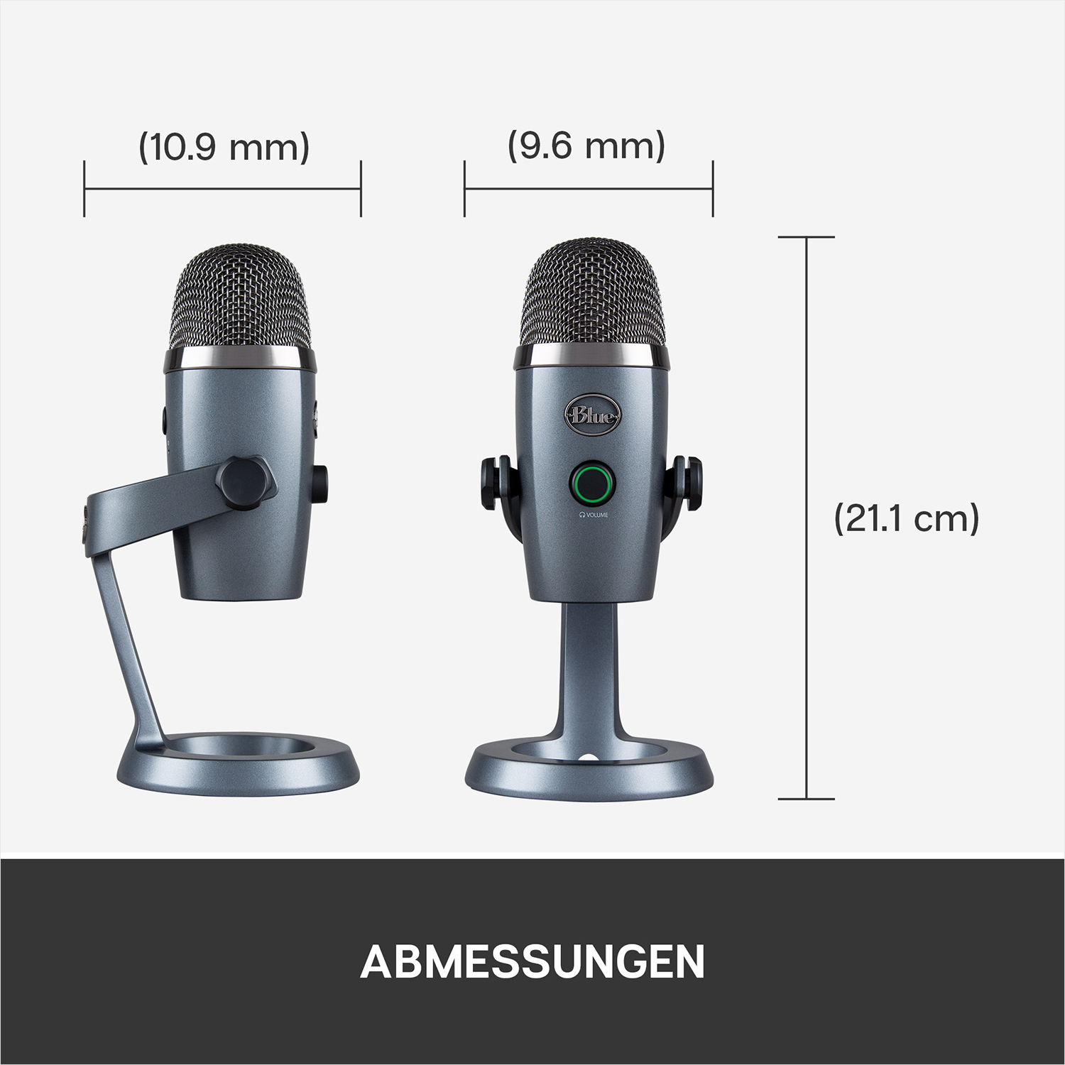 Zwei graue Blue Yeti Mikrofone, die Abmessungen mit Text und Messungen zeigen.