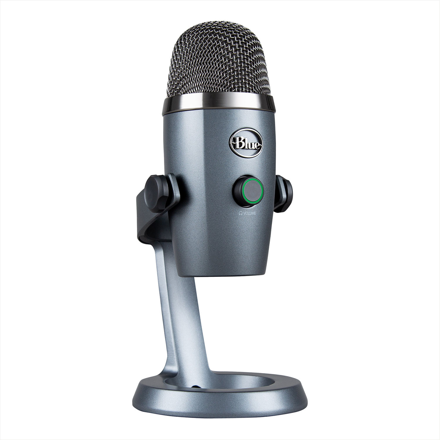 Blaues Yeti USB-Mikrofon auf einem Ständer, graue Farbe, isoliert auf weißem Hintergrund.