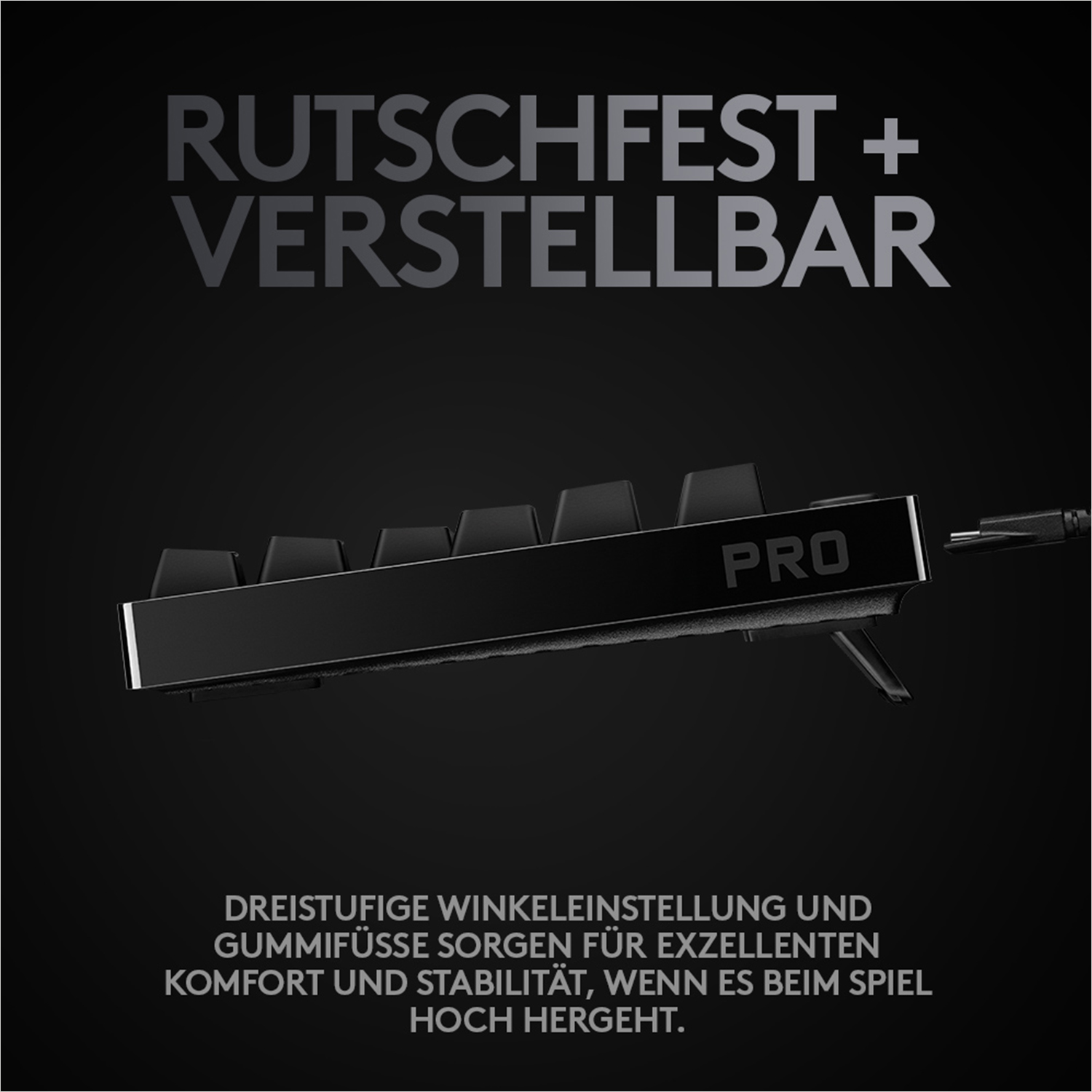 Schwarze Tastatur mit Tasten und dem Wort "PRO" darauf. Der Hintergrund ist dunkel.