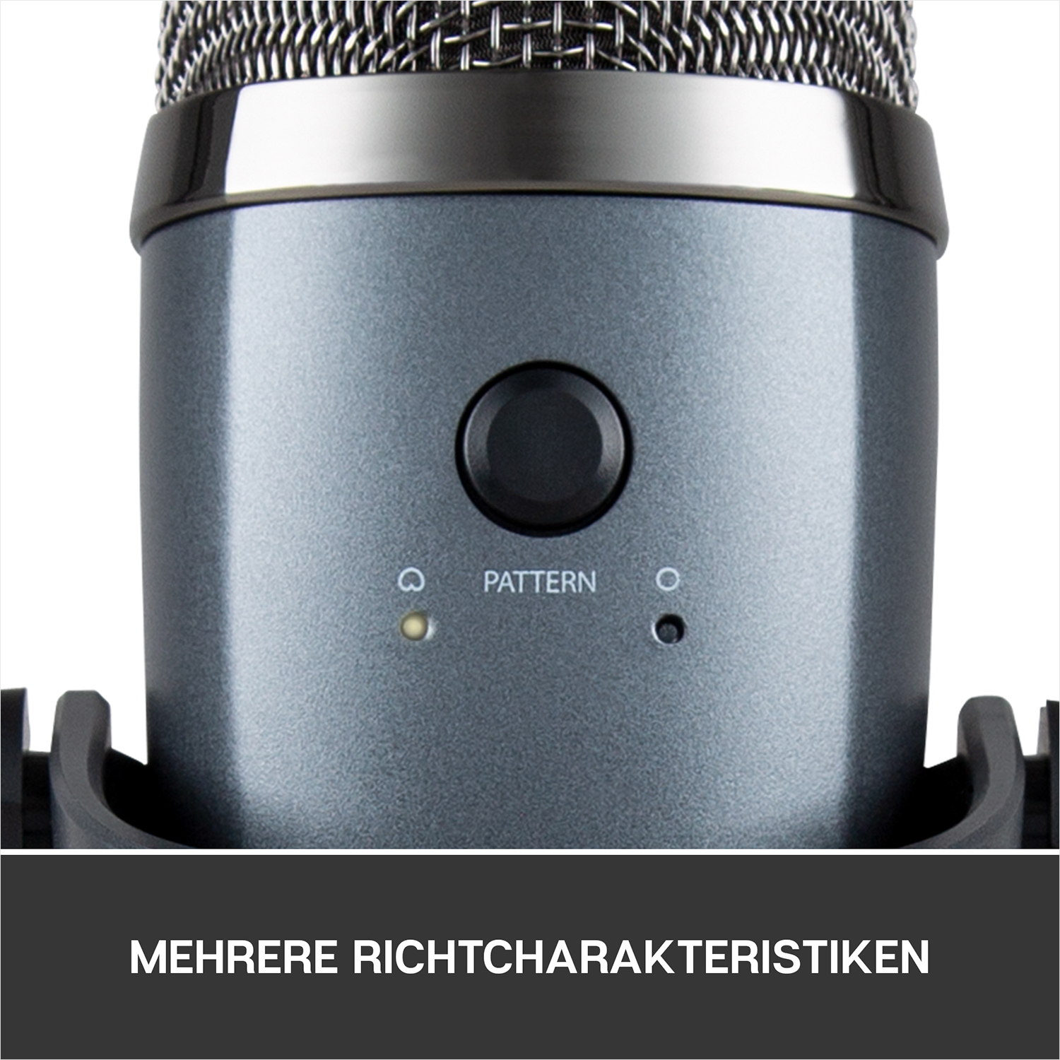 Nahaufnahme eines grauen Mikrofons mit schwarzer Taste "PATTERN" und Kontrollleuchten.