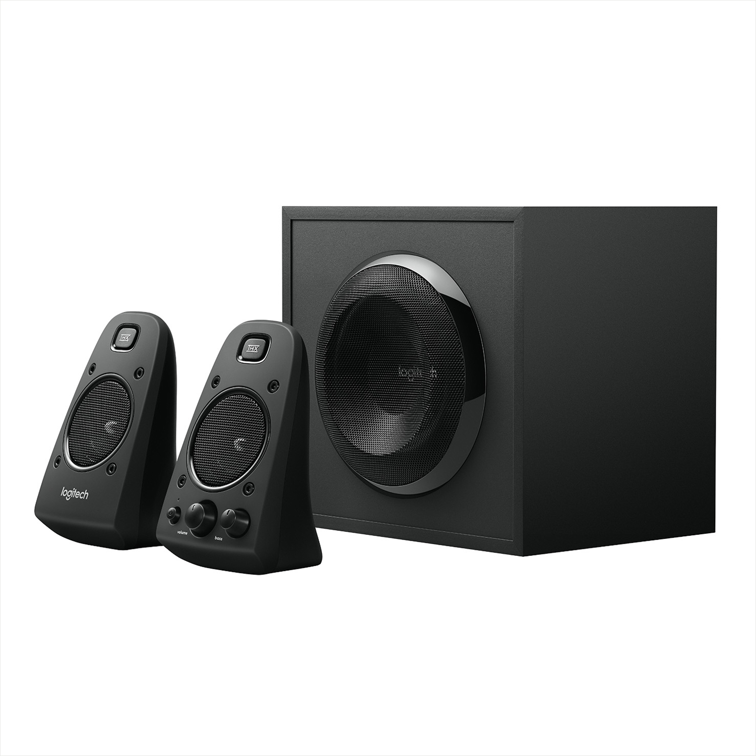 Schwarzes Logitech-Lautsprechersystem mit Subwoofer und zwei kleineren Satellitenlautsprechern.