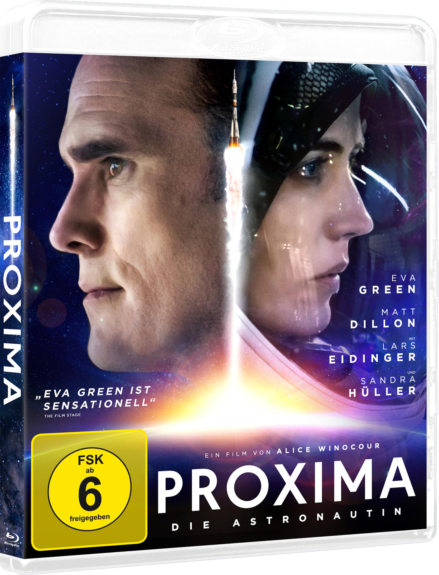 Filmplakat: Zwei Gesichter, Raketenstart, Filmtitel 'PROXIMA'.