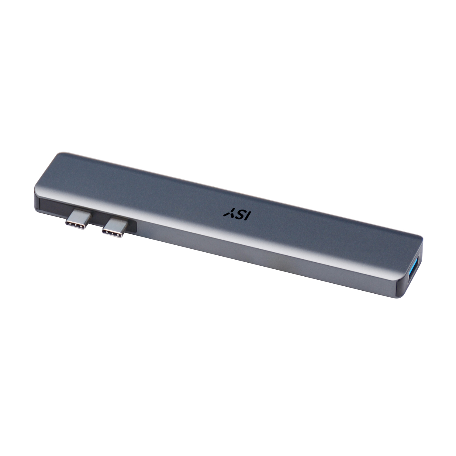 Un hub argentato con due porte USB-C e il logo ISI.
