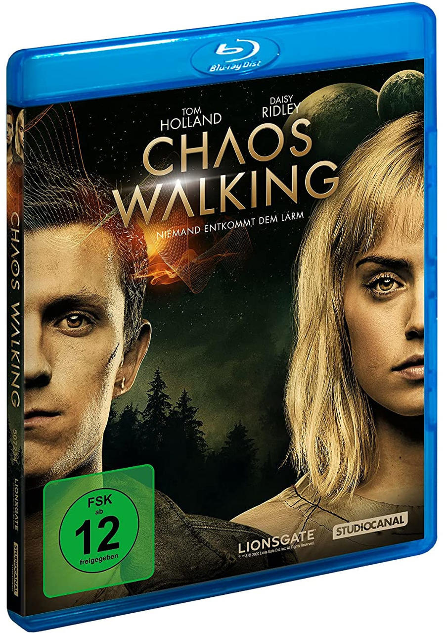 Eine blaue Blu-ray-Hülle mit Filmposter. Mit Tom Holland, Daisy Ridley und dem Titel "Chaos Walking".