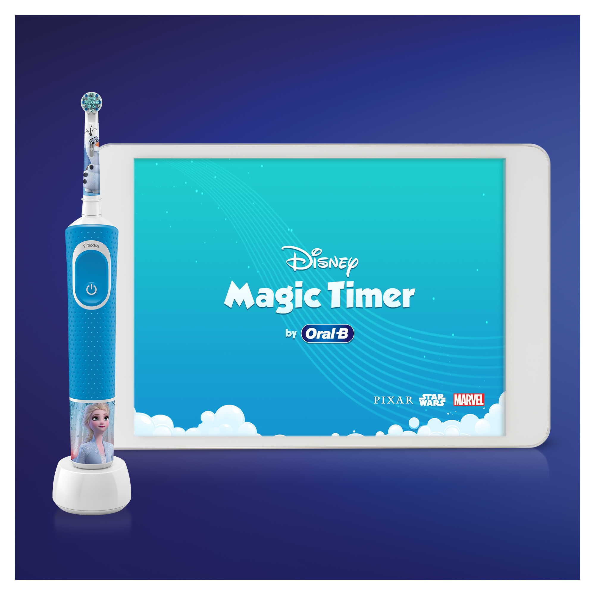 Kék elektromos fogkefe állvánnyal, Disney tablet, kék háttér.