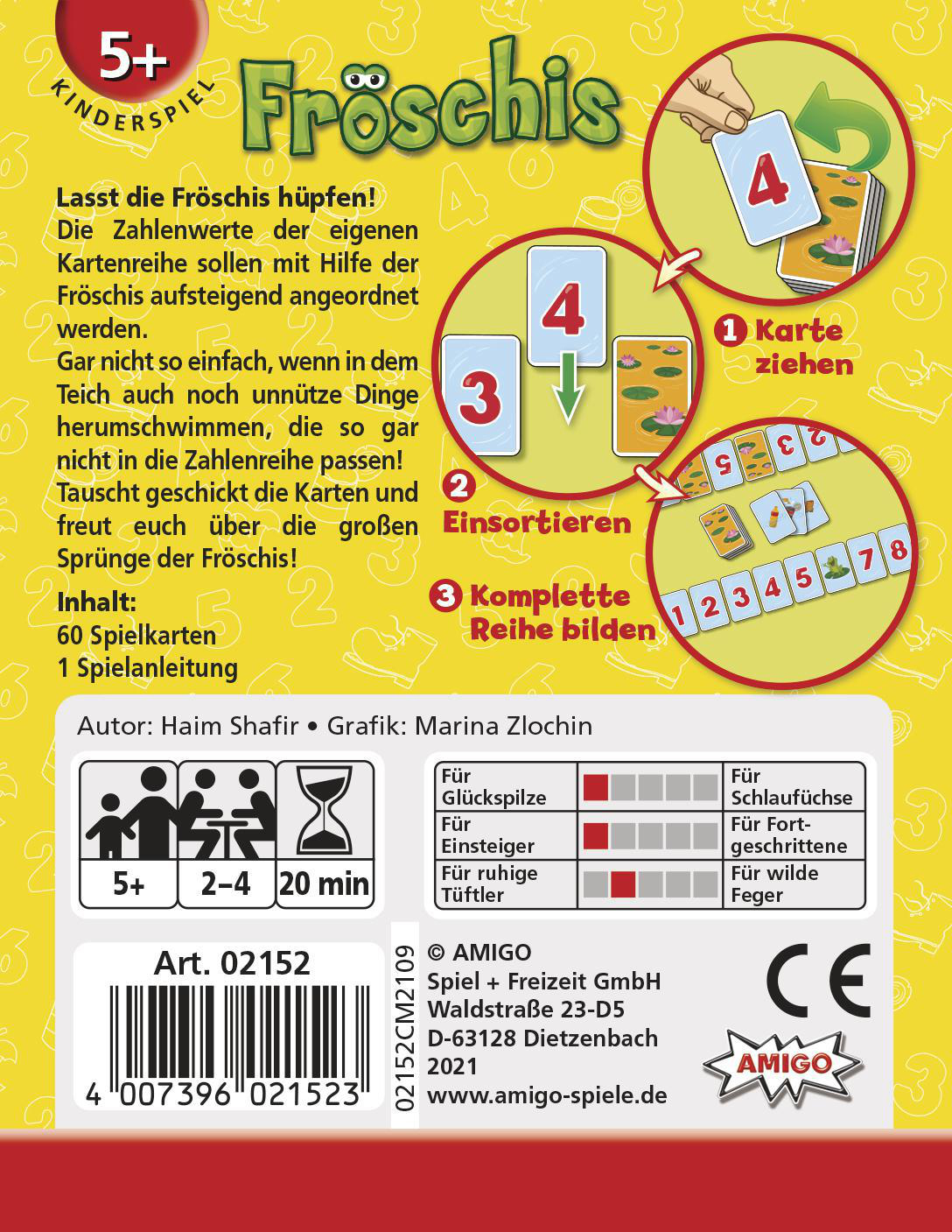 Brettspiel-Box mit Fröschen, Zahlen und Anweisungen. Karten sind abgebildet, mit einer Hand, die das Ziehen einer Karte anzeigt.