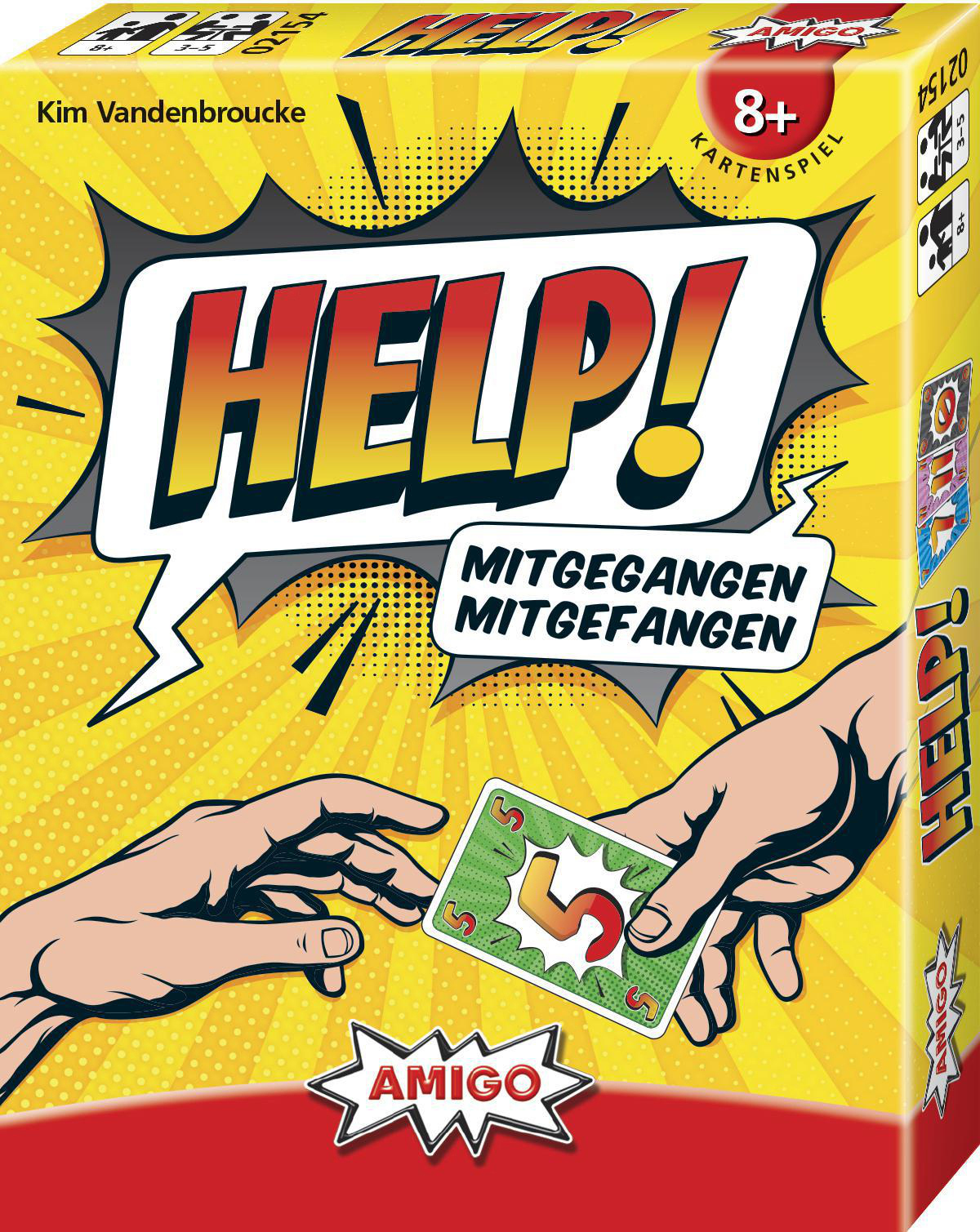 Spielbox, gelb mit Comic-Stil, Text HILFE! und Hände, die Karten spielen.