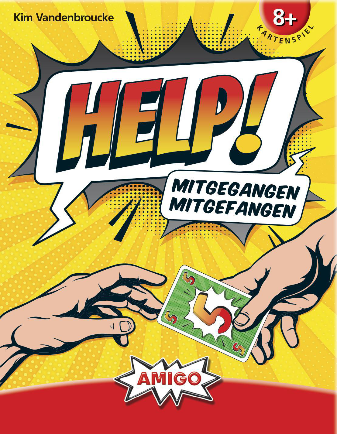 Kartenspielbox mit dem Wort HELP! in einer Sprechblase. Hände halten eine Karte mit einer 5.
