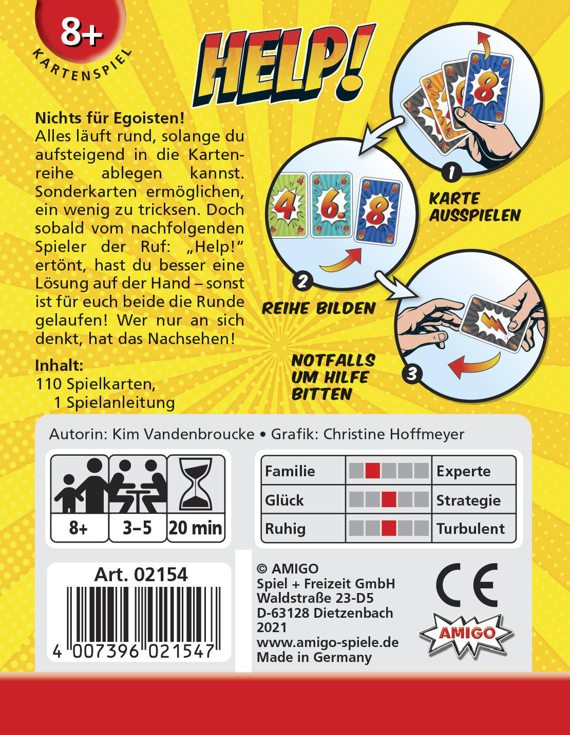 Eine Brettspielbox mit Anweisungen und Karten. Der Titel ist HELP! Das Spiel ist für 8+.