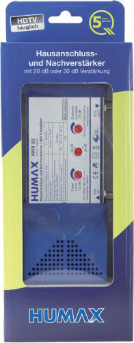 Blaue Box mit HUMAX-Gerät, Text und Knöpfen, weißer Hintergrund.