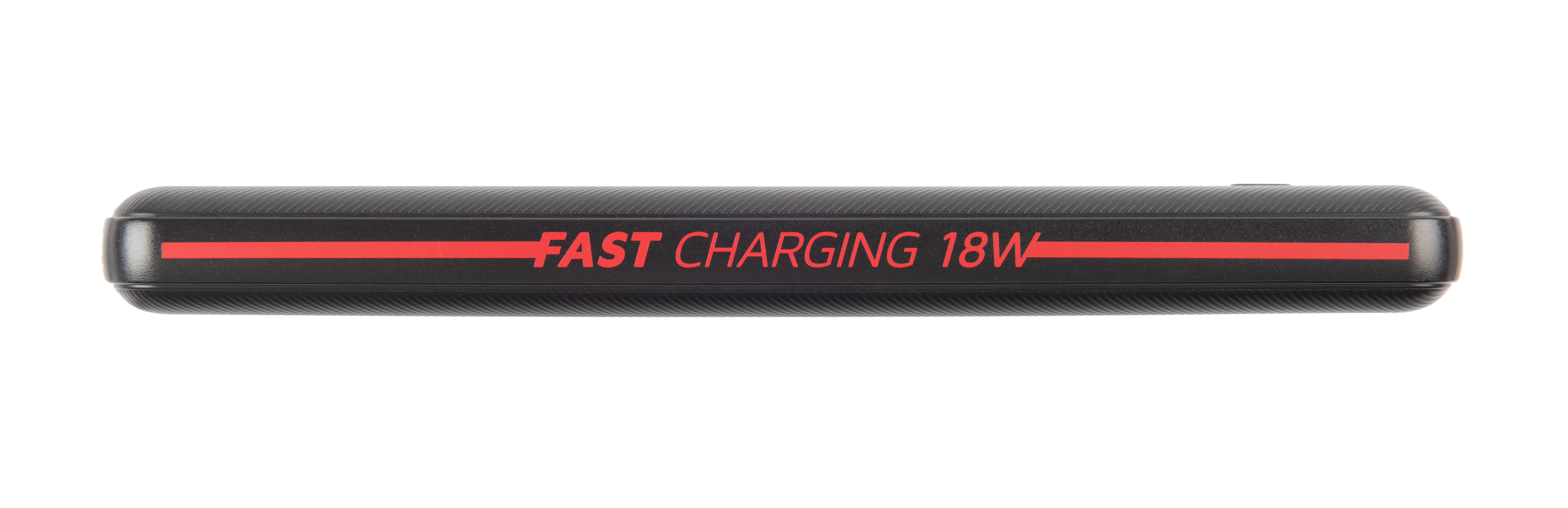 Schwarze Powerbank mit rotem 'FAST CHARGING 18W' Text.