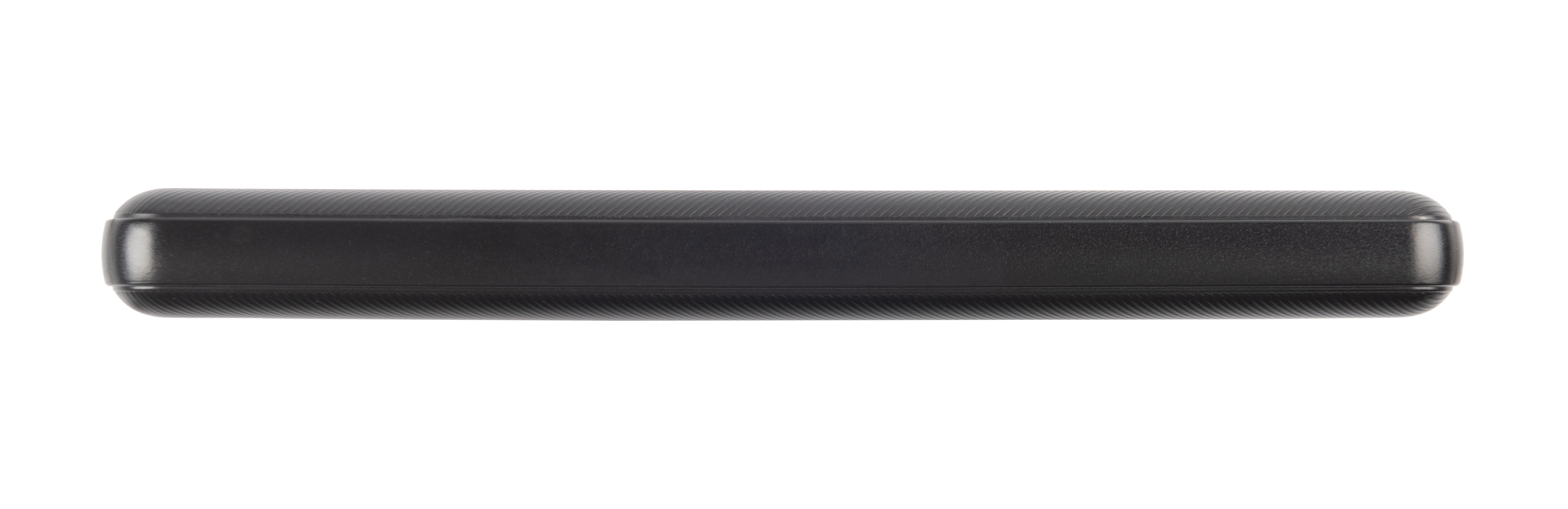 Eine schwarze, rechteckige Powerbank, Draufsicht. Abgerundete Ecken und strukturierte Oberfläche. Isoliert auf weißem Hintergrund.