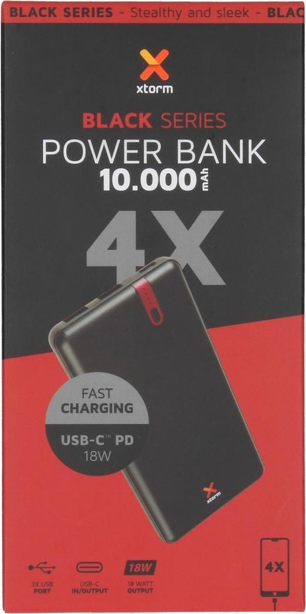 Eine schwarze Powerbank mit roten Akzenten, mit schwarz-roter Verpackung, weißer Hintergrund.