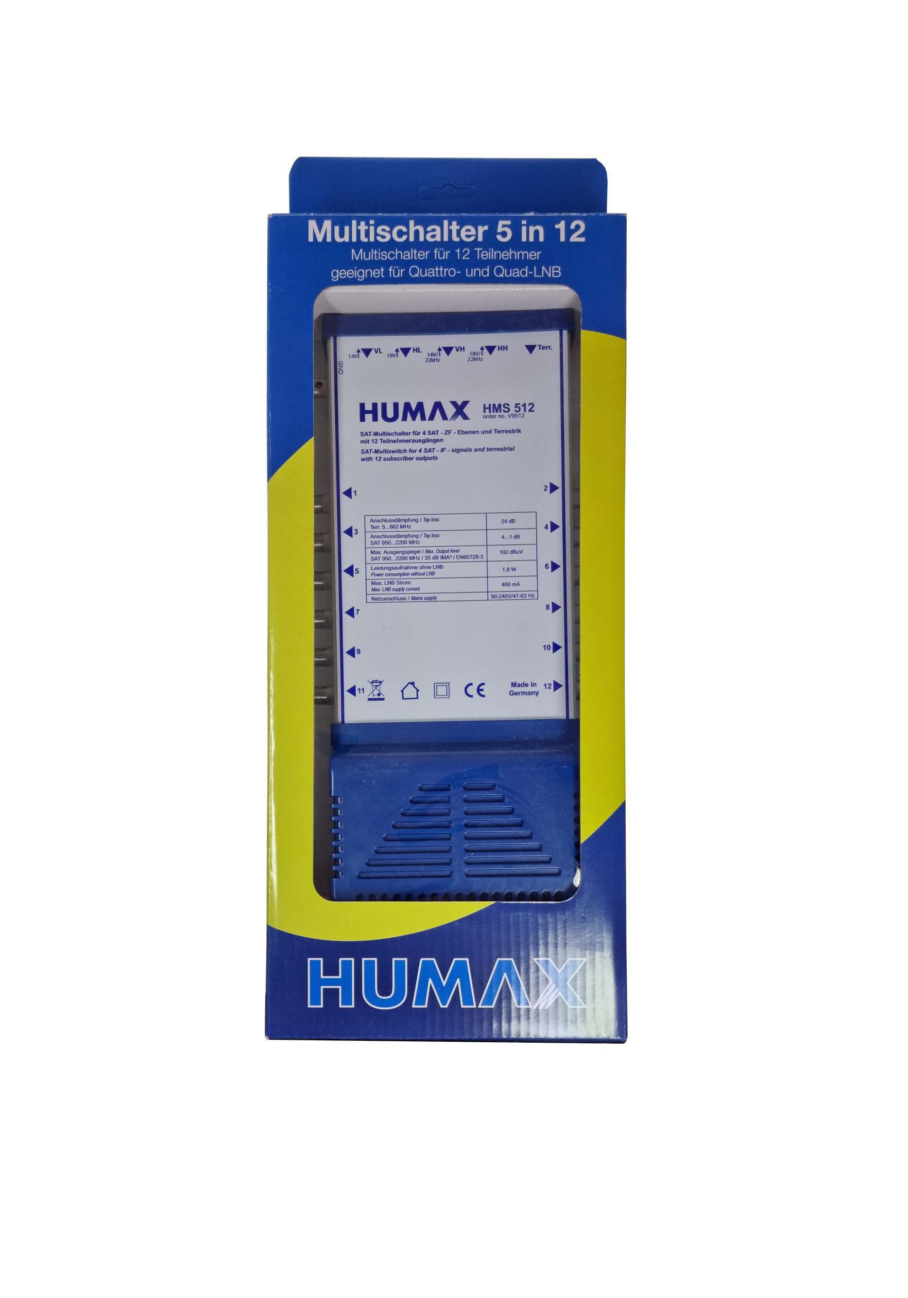 Eine Box mit einem HUMAX Multischalter für Satelliten-TV, mit sichtbaren technischen Informationen.