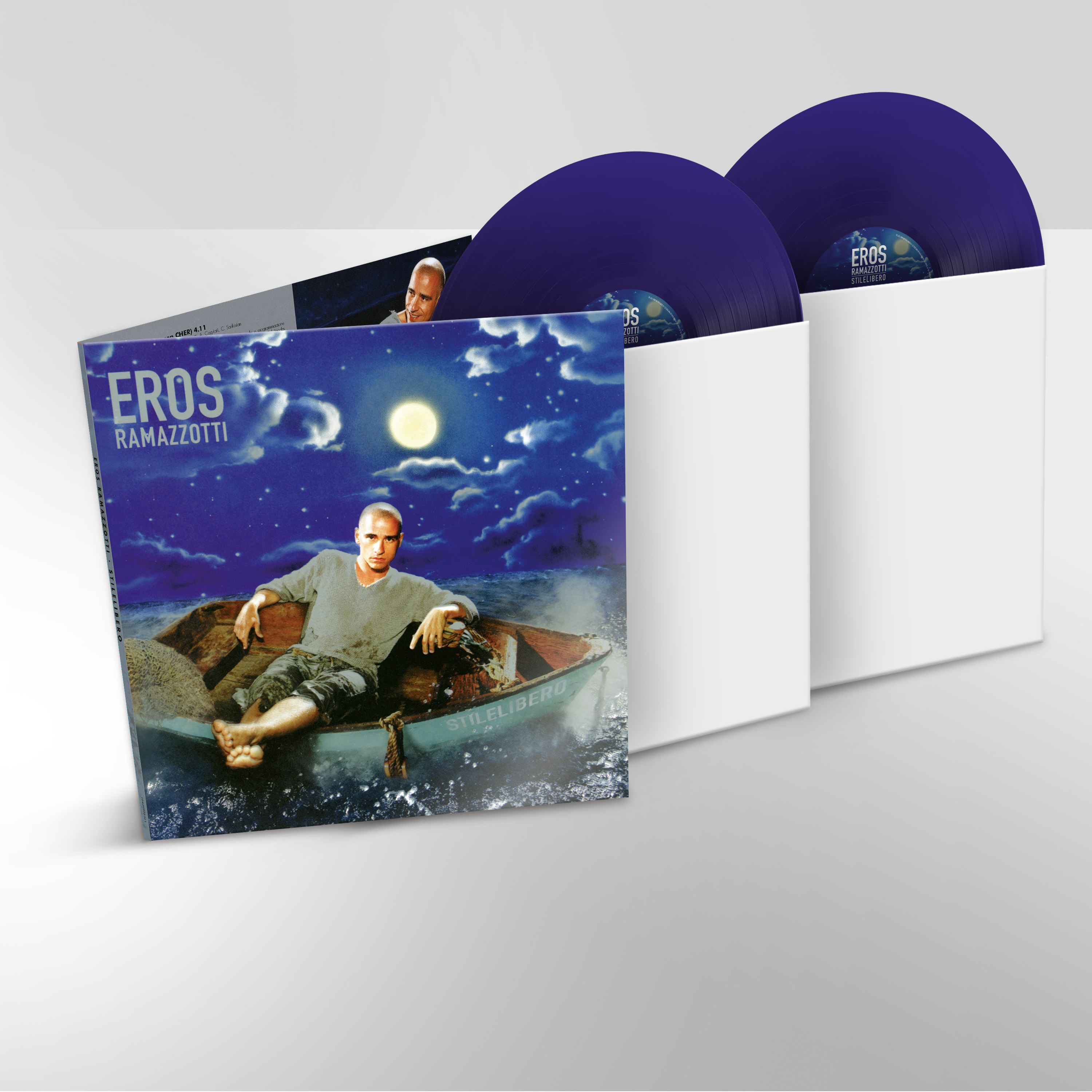 Albumcover mit einem Mann in einem Boot unter dem Mond, mit zwei lila Vinyls.