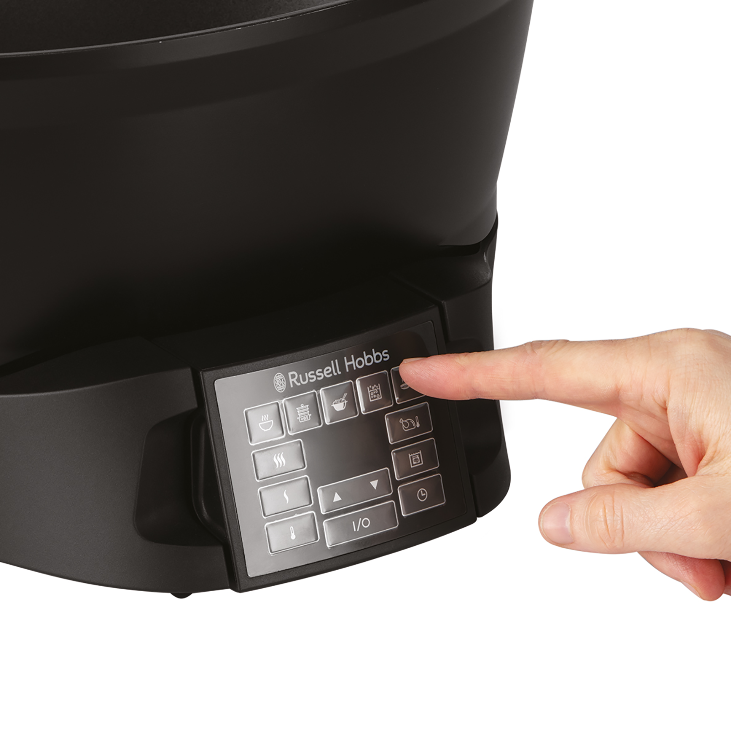 A hand pressing a button on a black Russell Hobbs appliance control panel.