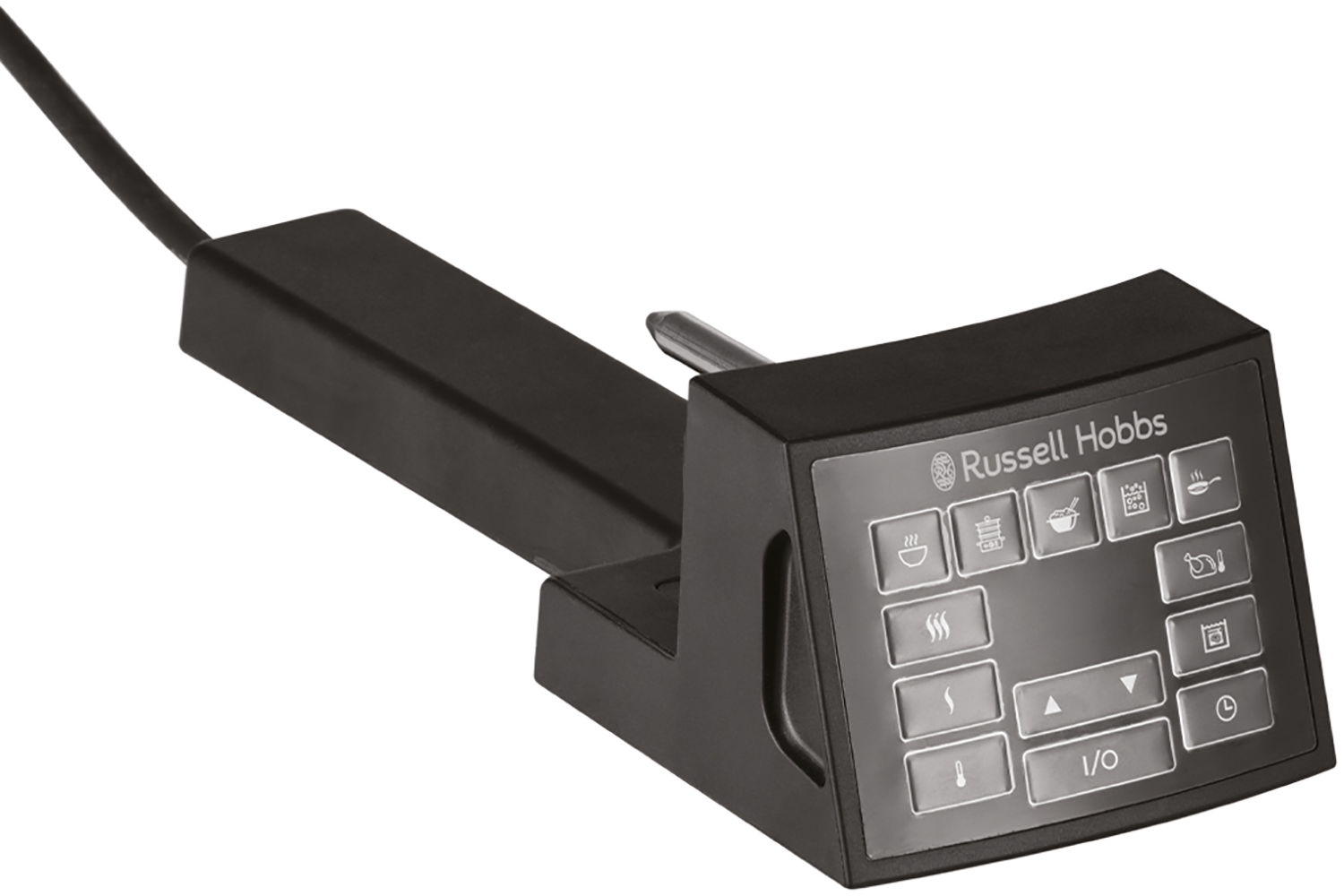 A black control panel with buttons and a cable. It is a Russell Hobbs product with multiple icons.