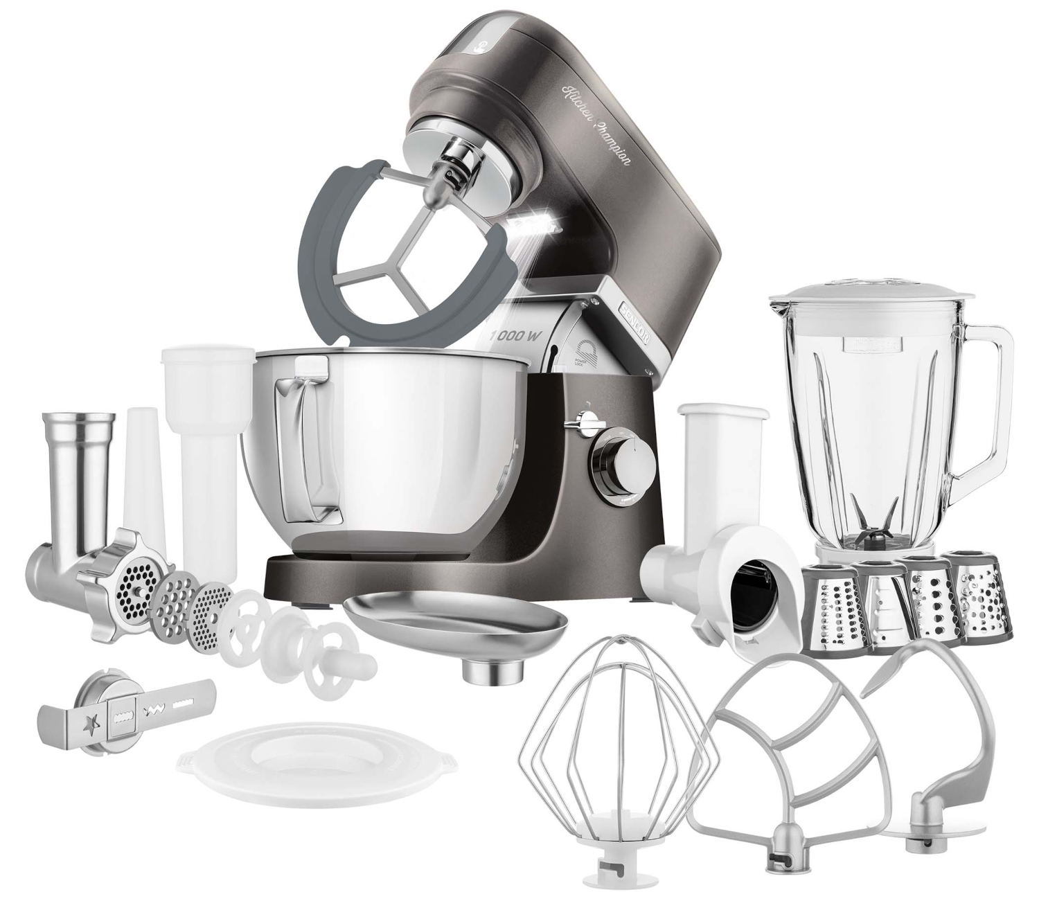 KitchenAid robotgép tartozékokkal. A gép szürke. Tartozékok: turmixgép, daráló, stb.