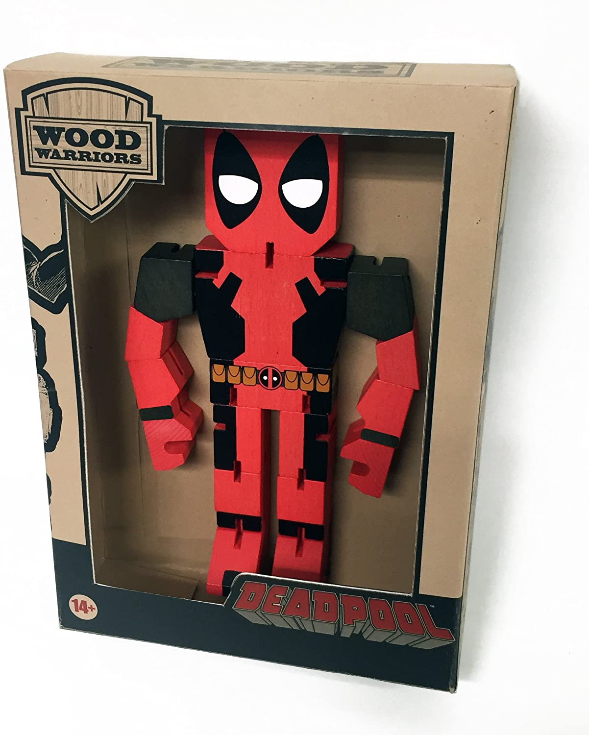 Deadpool wooden figure in a box. It's red and black, with a detailed face and costume elements.