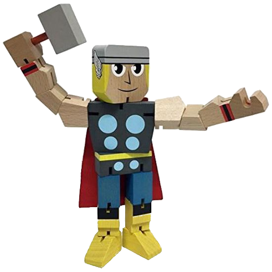 Houten Thor-speelgoed met beweegbare ledematen, een hamer vasthoudend, rode cape.