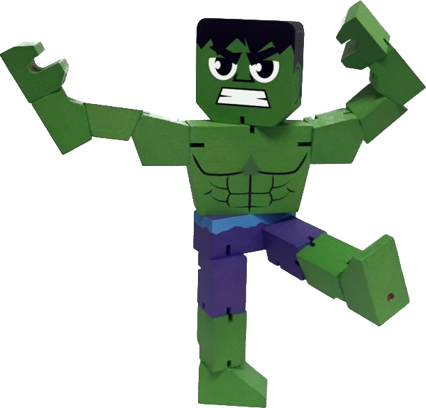 Houten Hulk speelgoed met groen lichaam, zwart haar en paarse broek, poserend.