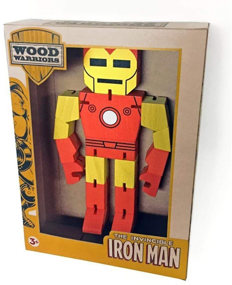 Iron Man wooden toy in a box, with red and yellow colors, in a cardboard box.