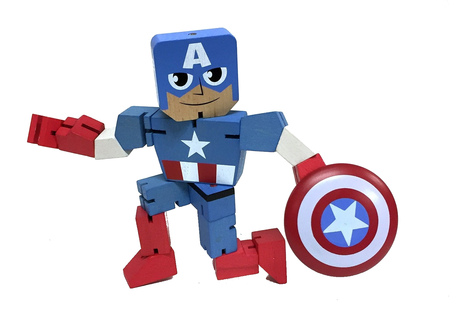 Houten Captain America figuur, knieën gebogen, schild vasthoudend. Rood, wit, blauw.
