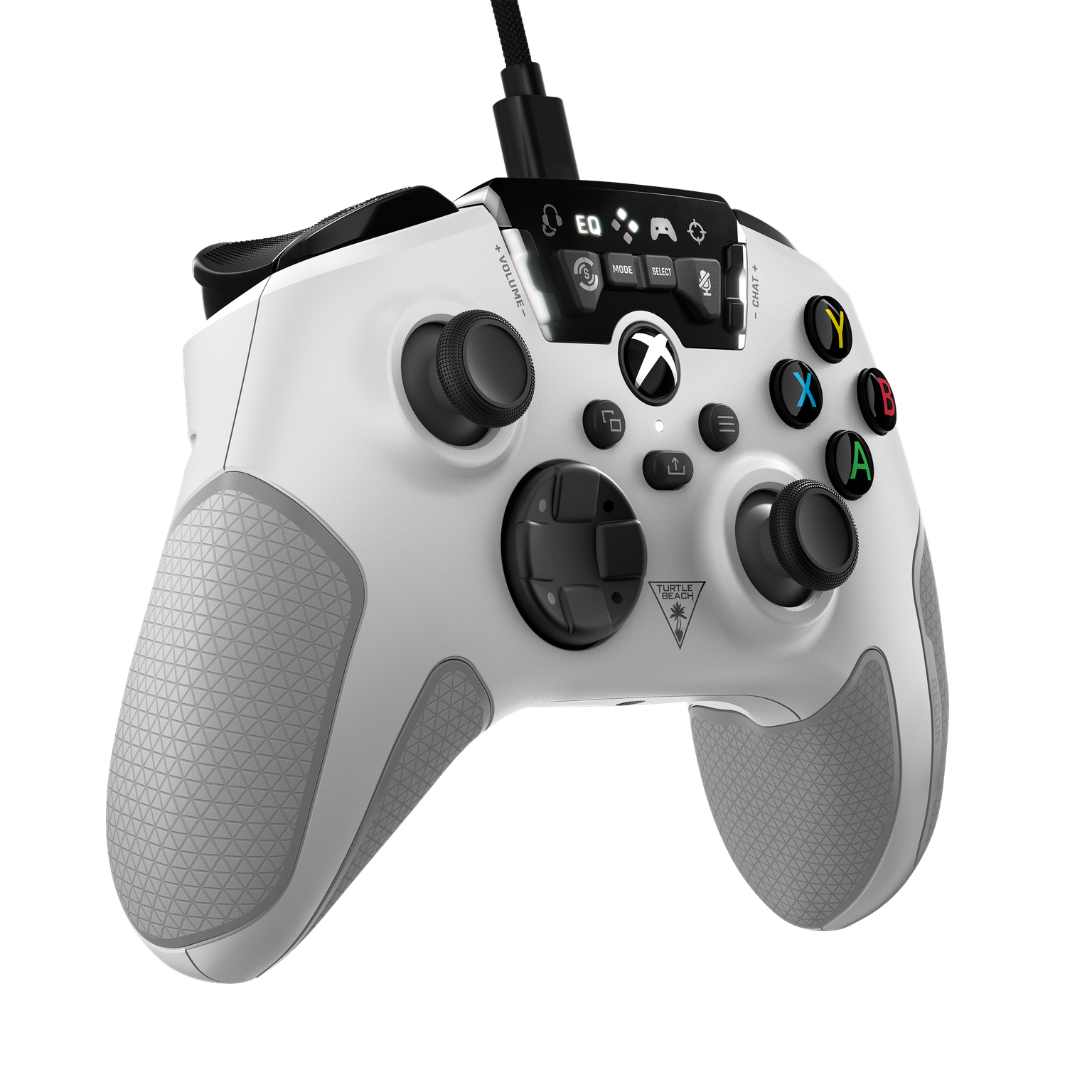Witte en grijze Xbox-controller met knoppen en een aangesloten kabel.