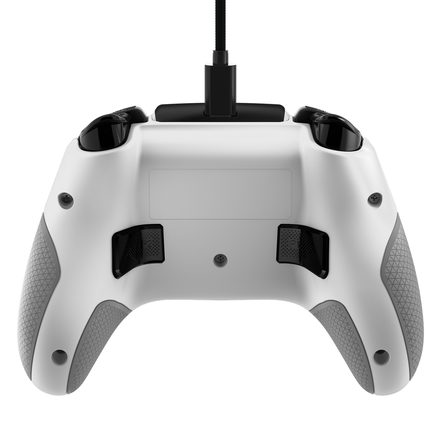 De achterkant van een witte en grijze gamecontroller met een zwarte kabel.