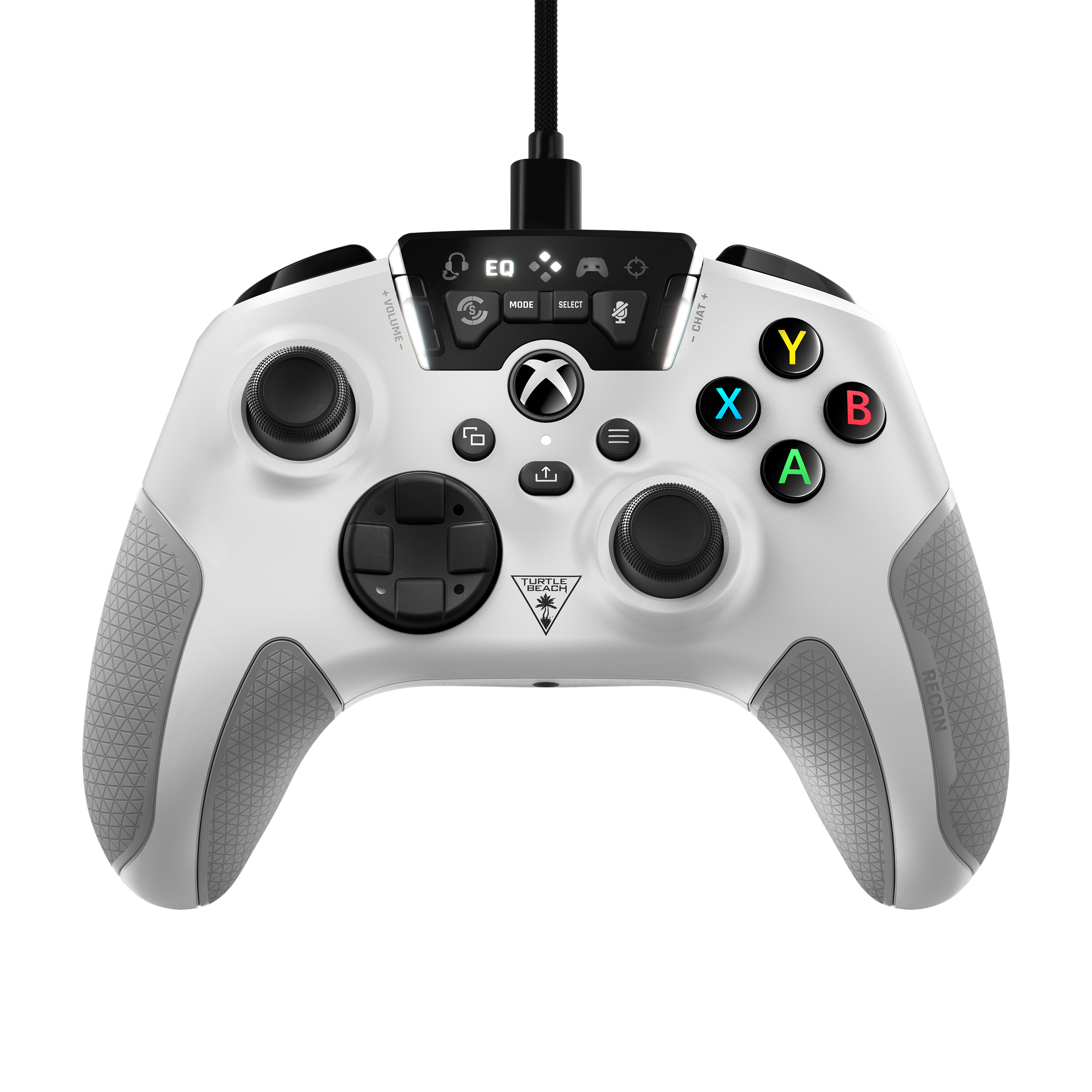 Witte Xbox-controller met grijze grepen. Knoppen: A, B, X, Y, modus, selecteren en chat. Zwarte kabel.