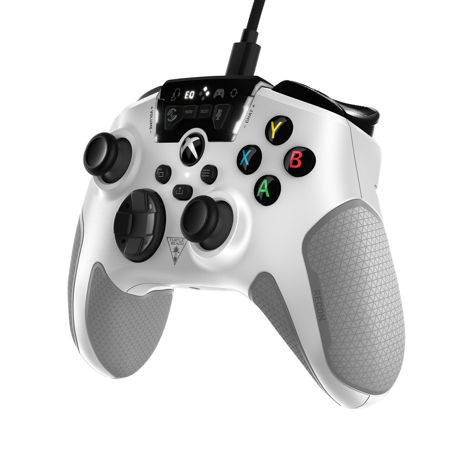 Witte Xbox-gamecontroller met grijze handgrepen, zwarte knoppen en een snoer aan de bovenkant.