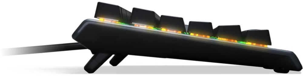 Side view of a black gaming keyboard with colorful illuminated keys.