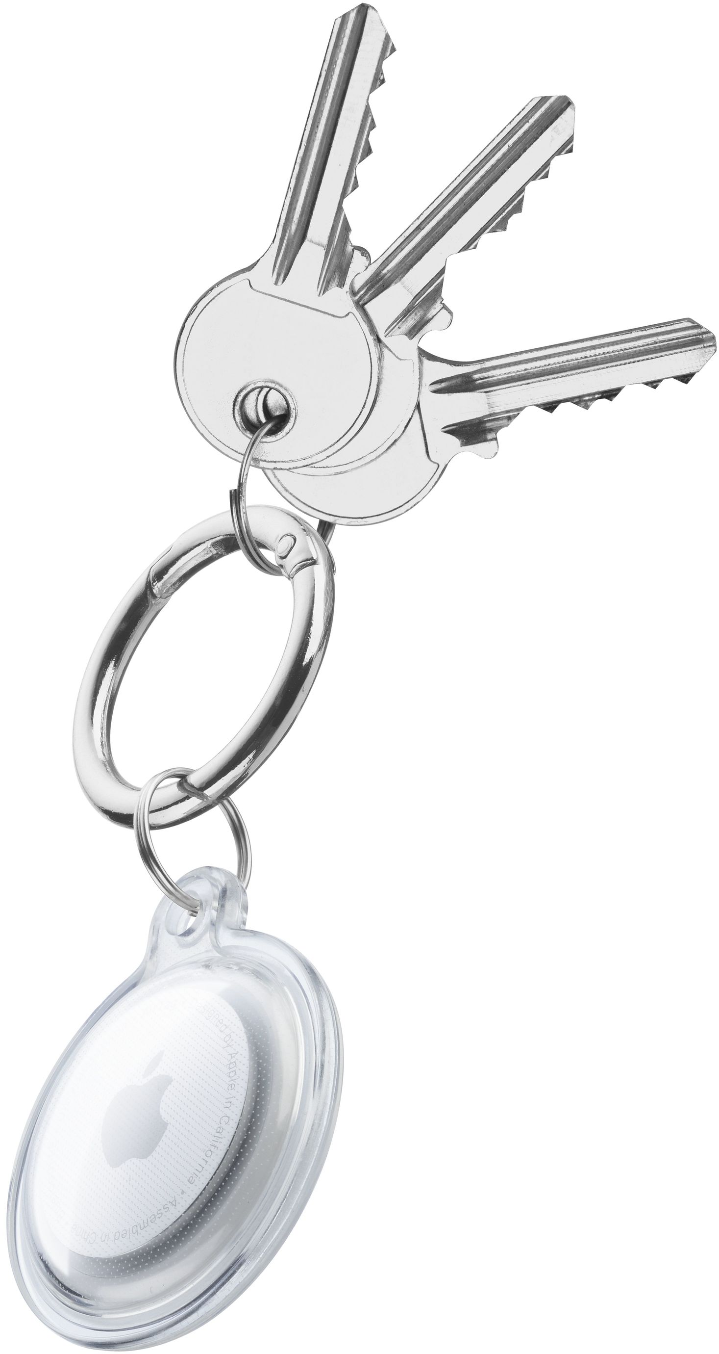 Schlüssel an einem Schlüsselanhänger mit Apple AirTag. Drei Schlüssel und ein silberner Ring, weißer Hintergrund.
