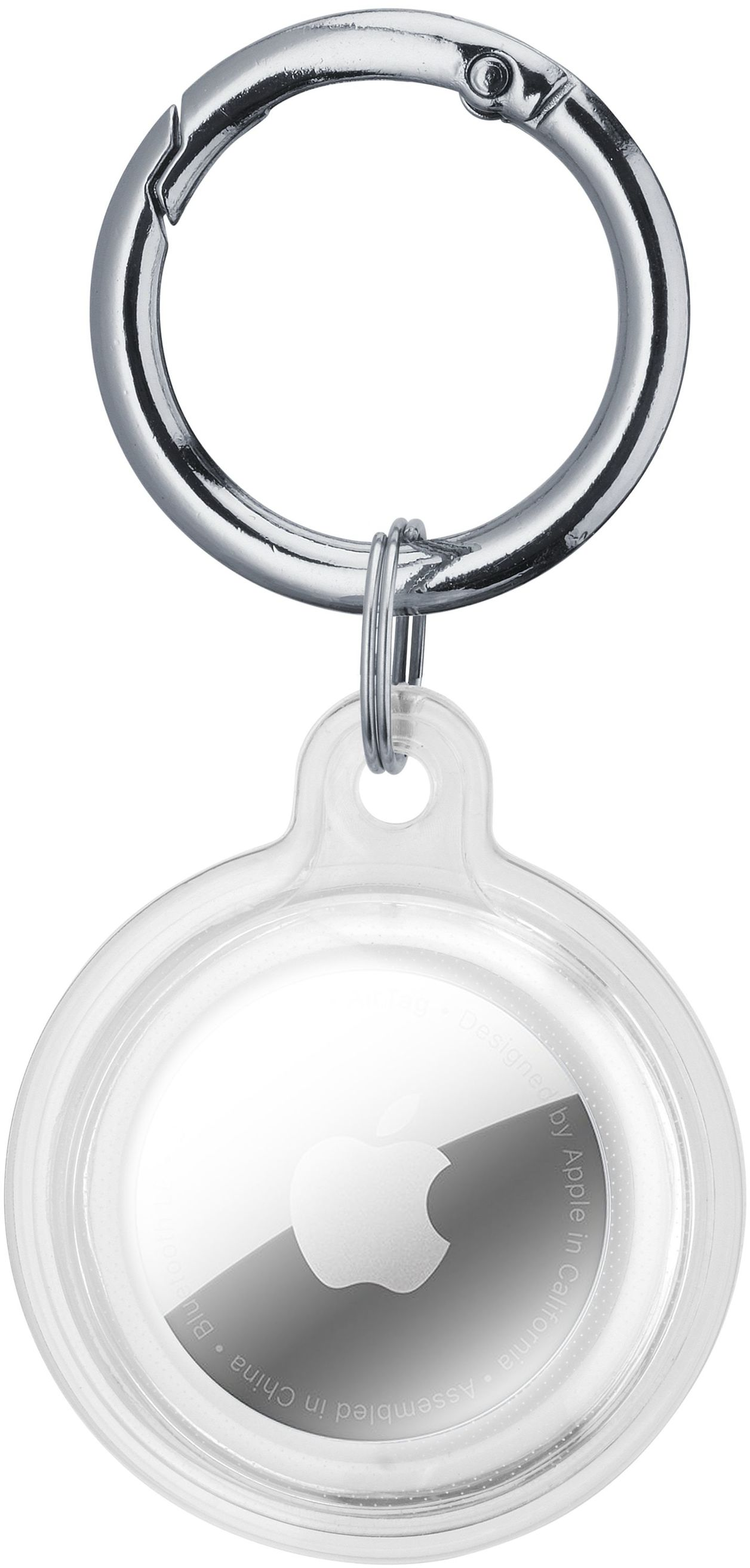 Klarer Apple AirTag in einer durchsichtigen Hülle mit silbernem Karabiner.