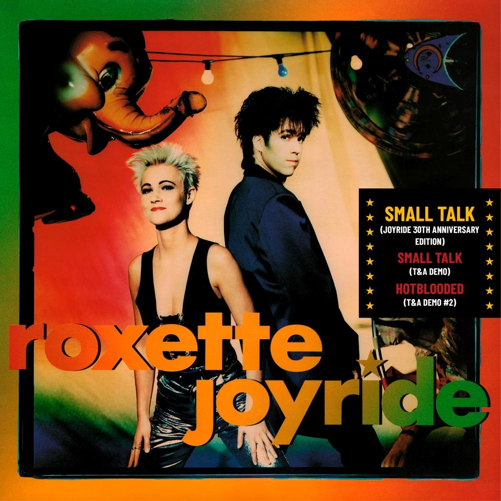 Albumcover von Roxette Joyride. Zeigt zwei Personen mit farbenfrohem Hintergrund und Text.