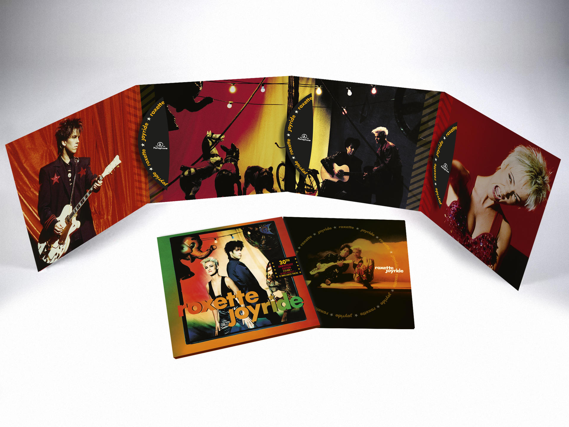 Roxette Joyride Album-CD-Cover und Innenausbreitung mit Bandmitgliedern und Aufnahmen von Auftritten.