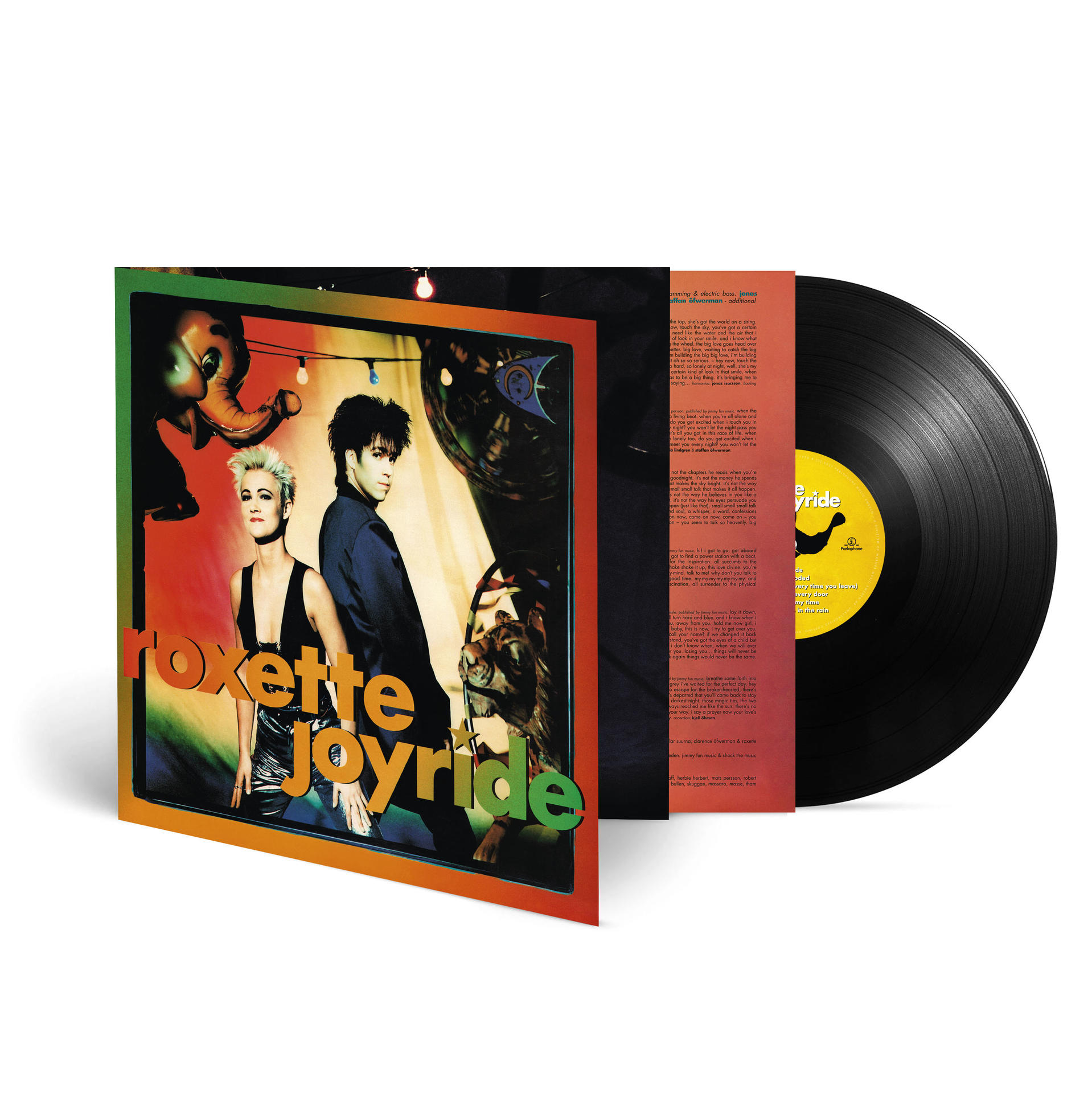 Das Vinyl-Schallplattenalbum 'Joyride' von Roxette ist sichtbar. Das Cover zeigt die Bandmitglieder und den Titel.